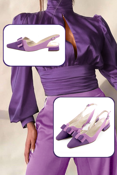 Women's amethyst purple and mauve purple elegant slingback heels, with a bow on the front. Tapered toe. Flat flare heels - Top view